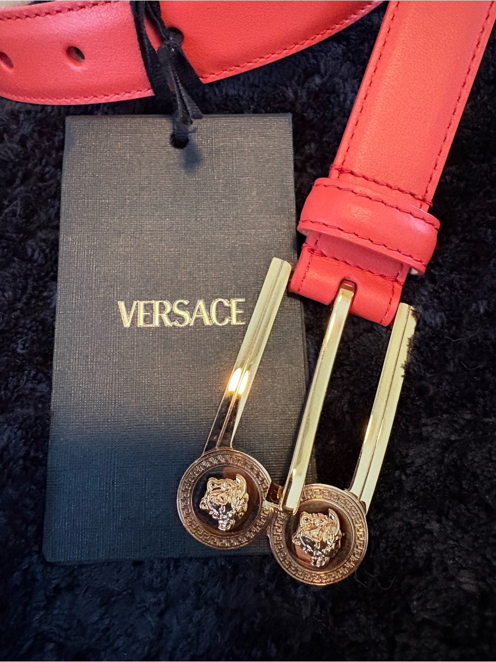 Versace Slim Smooth Salmon Orange Double Medusa Pendant Buckle Belt XS